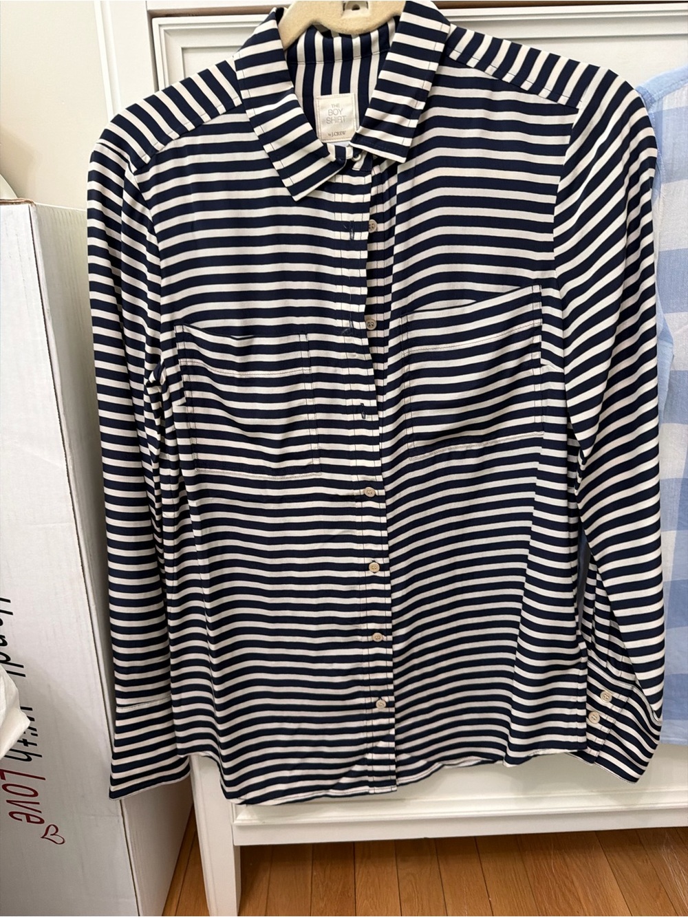 NWT. J. Crew Navy and White Striped Button-Down Shirt